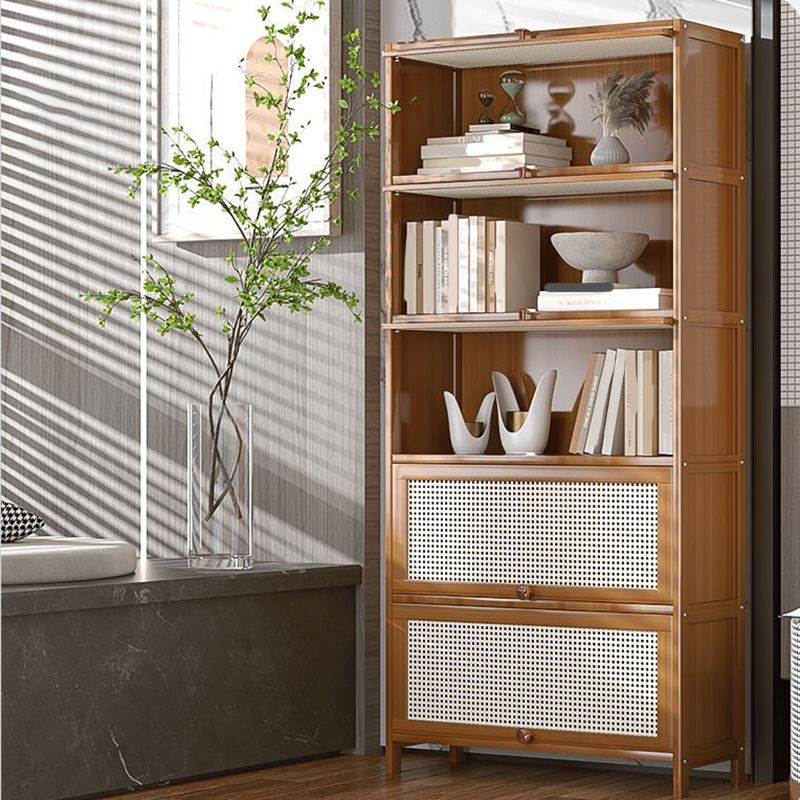 13" Wide Wooden Bookcase Bamboo Light Brown Bookshelf with Doors