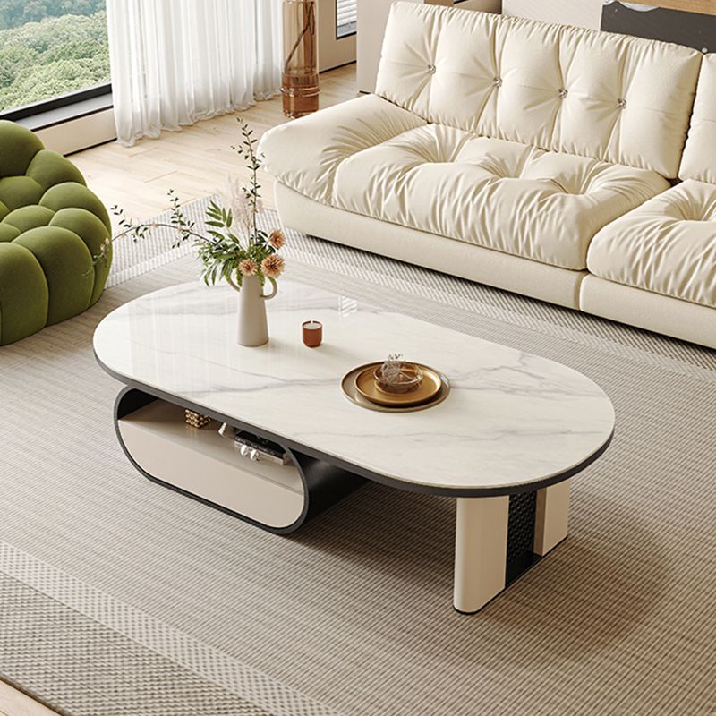 15"H Glam Cocktail Table Storage Oval Stone Coffee Cocktail Table