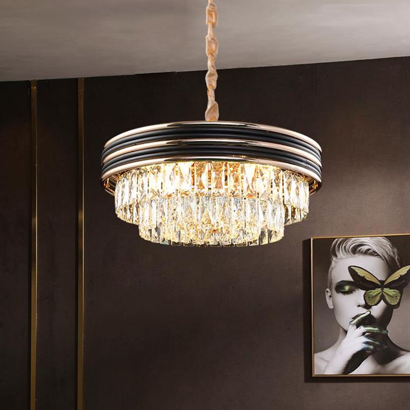 3-laags ronde kroonluchter licht modernisme kristalblok 9/11 koppen 18 "/21,5" brede zwarte hanglamp