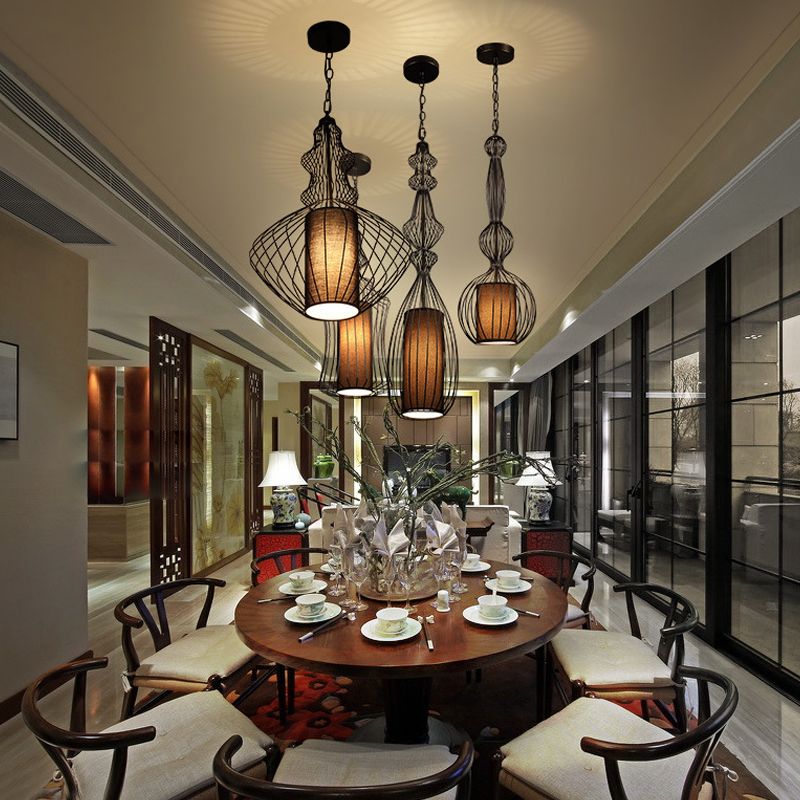 Pendante per lantenna in tessuto in gabbia retrò sala da pranzo a 1 luce appesa alla luce in nero