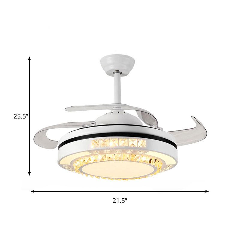 LED Round Pendant Fan Lamp Modern White Clear Crystal Blocks Semi Flush with 4 Blades, 21.5" Wide