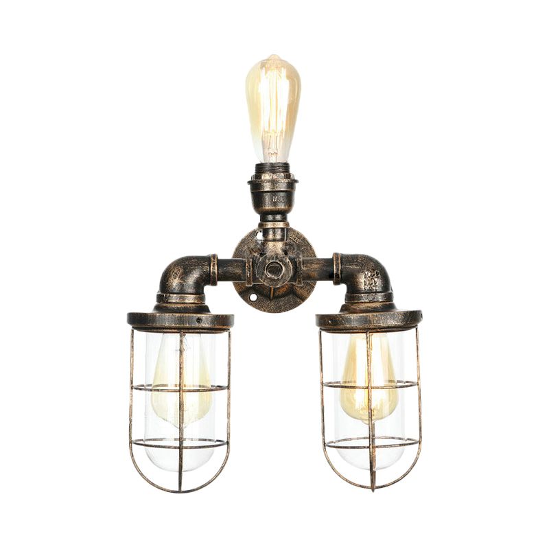 3 Heads Water Pipe Wall Mount Fixture with Cage Shade Nautical Style Antique Brass Iron Wall Lighting