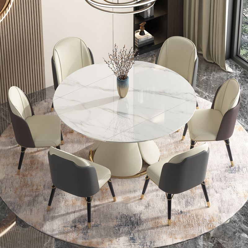 Table extensible avec plateau en pierre frittée, table ronde moderne avec socle