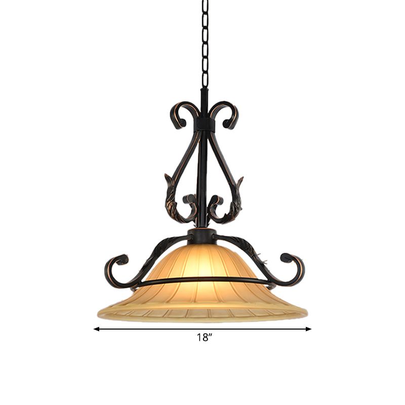 Rural Style Bell Pendulum Light Ribbed Glass LED Suspension Lighting in Bronze for Bedroom