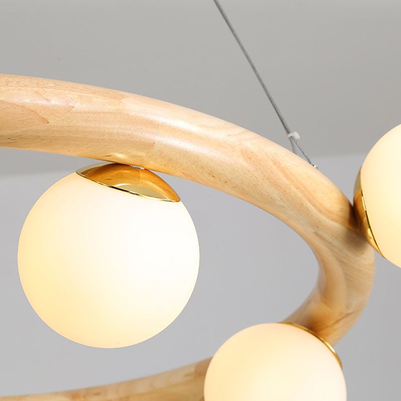 Modern Creative Chandelier Wooden Globe Pendant Light with White Glass Shade