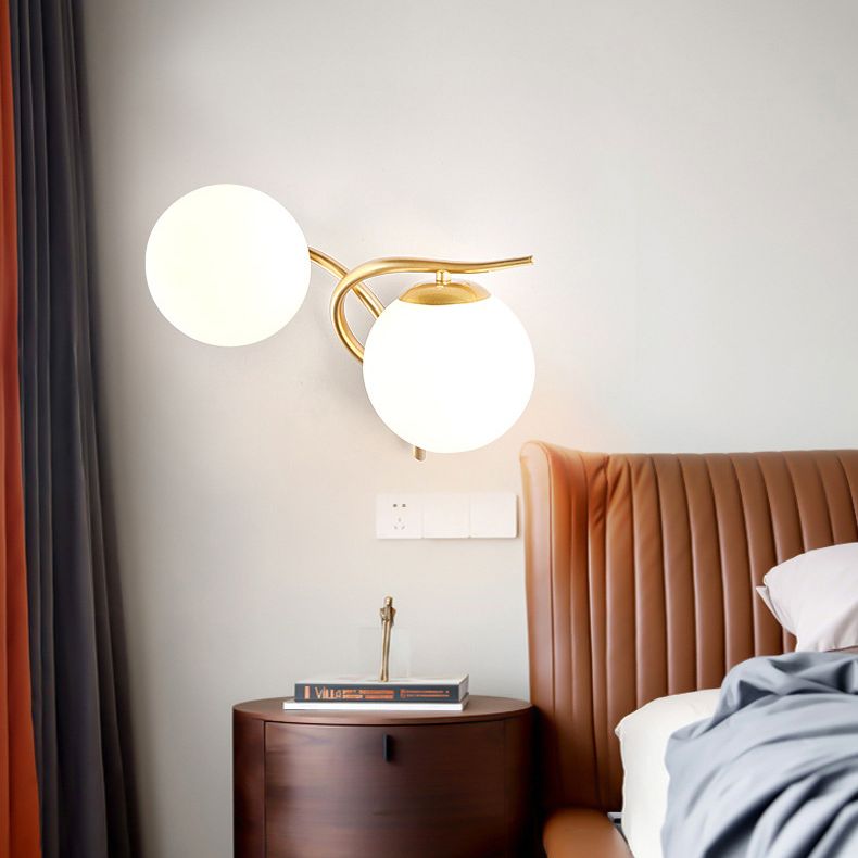 2 Heads Nordic Style Wall Mount Light Metal Arm Glass Shade Sconce Light Fixture for Bedroom