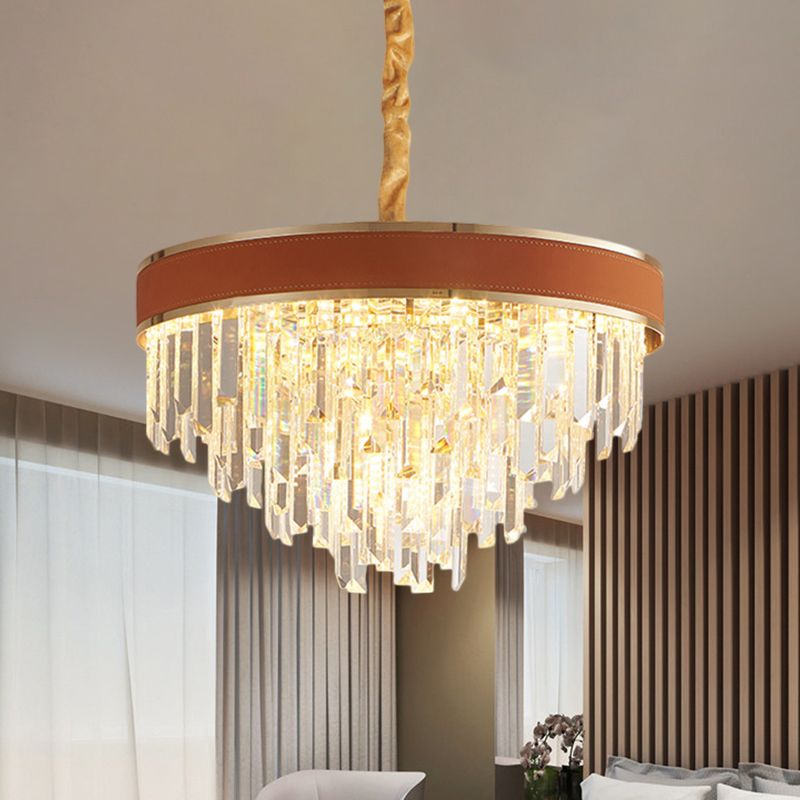 Braune Finish runde Kronleuchterlampe moderne Kristallprismen 8 Köpfe Wohnzimmer Suspension Anhänger Licht