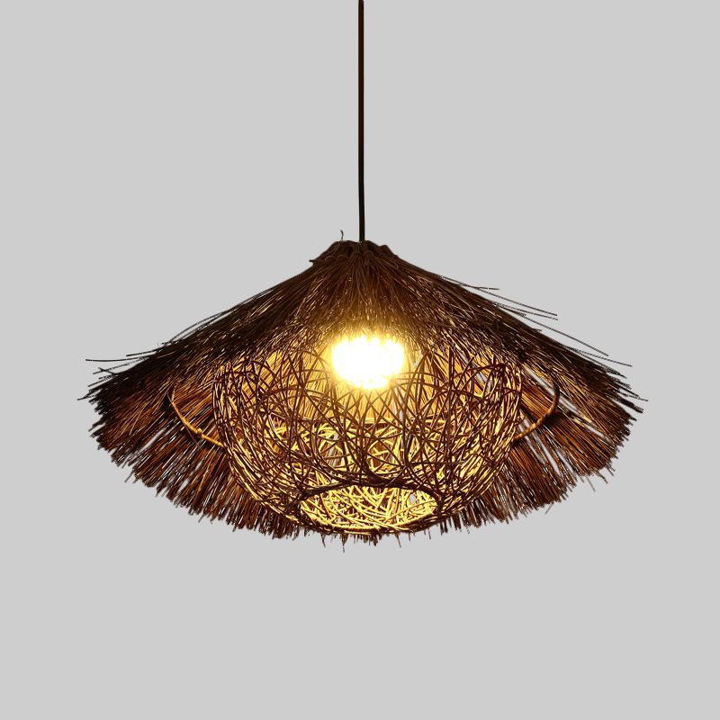 Tapered Hanging Light Chinese Rattan 1 Head Coffee Suspended Lighting Fixture, 16.5"/20.5"/24.5" Wide