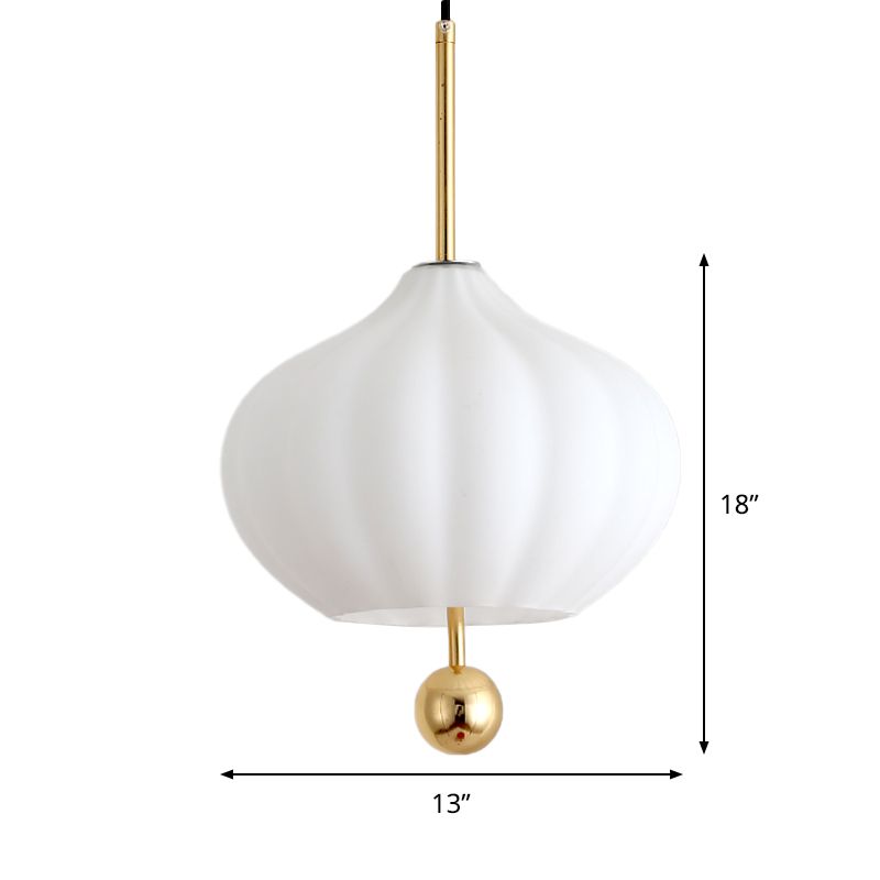 White Glass Pumpkin Suspension Light Modernist 1 Bulb Pendant Lamp with Brass Modo Deco