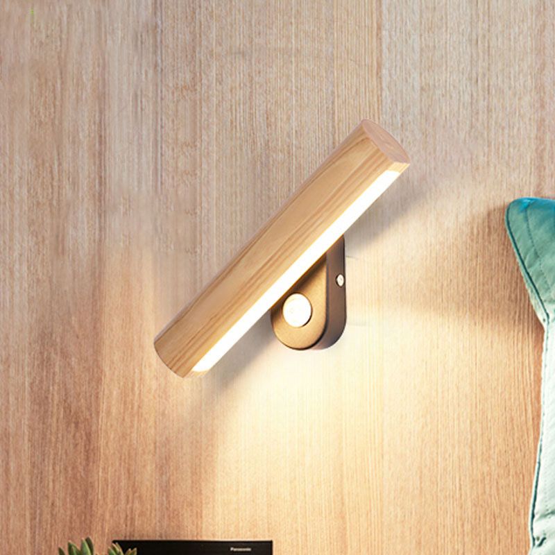 Rotatable Tube Bedside Wall Mount Light Wood 8.5"/12.5" Wide LED Simple Wall Lamp Fixture in Warm/White Light