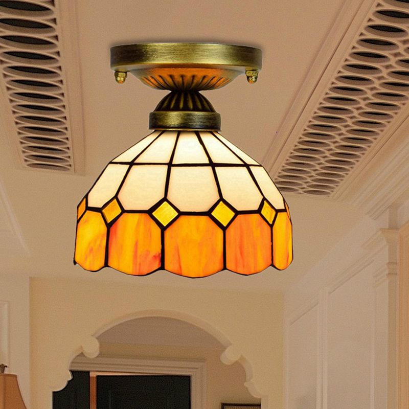 Tiffany Classic Grid Bowl Ceiling Mount Light 8"/6" Width Art Glass 1 Head Orange Ceiling Lamp for Bathroom