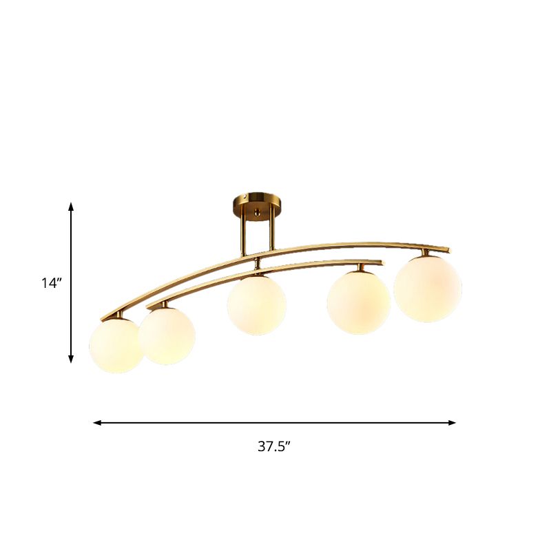 Modern Sphere Shade Semi Ceiling Mount Light Opal Glass Gold Ceiling Lamp for Study Room