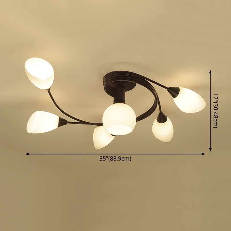 Black Radial Semi Flush Mount in Traditional Retro Style Wrought Iron Ceiling Light with Glass Shade