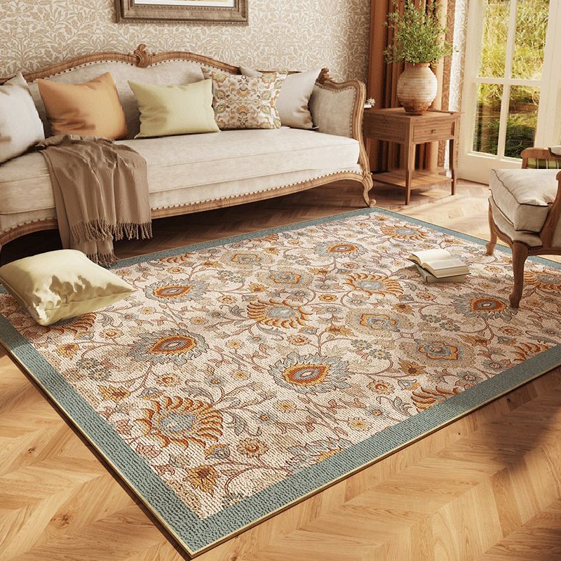 Blue Living Room Area Carpet Bohemian Pattern Polyester Area Rug Stain Resistant Rug