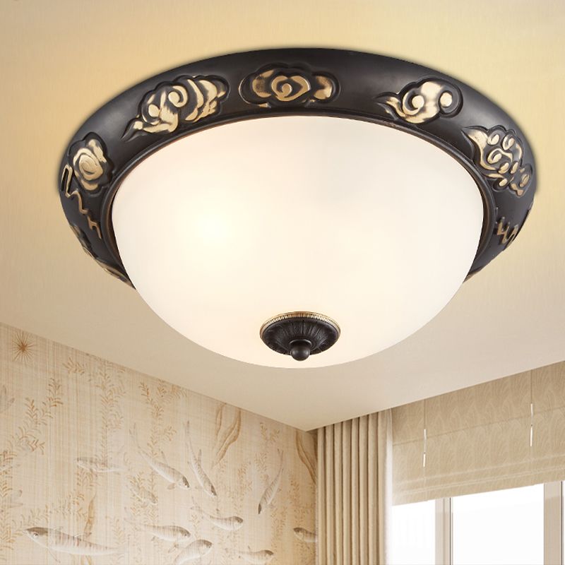 3/4-Head Cream Glass Ceiling Fixture Retro Black Dome Bedroom Flush Mount Recessed Lighting with Embossed Rose Edge