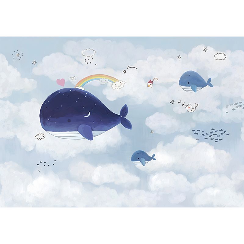 Blue and White Whale Mural Wallpaper Water-Resistant Wall Covering for Boy or Girl