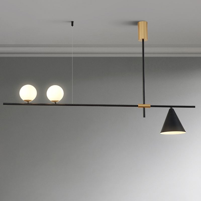 Lampada con isola conica in metallo contemporaneo a 2 luci appesi luce in nero con tonalità di vetro opale