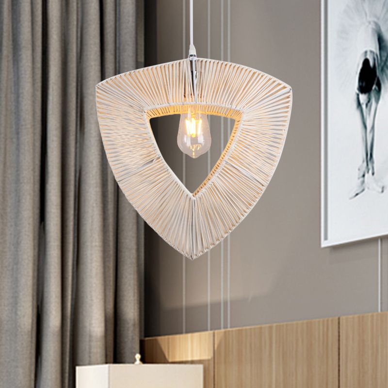 Triangle Shaped Hanging Light Countryside Rattan Fiber 1 Bulb White Pendant Ceiling Light