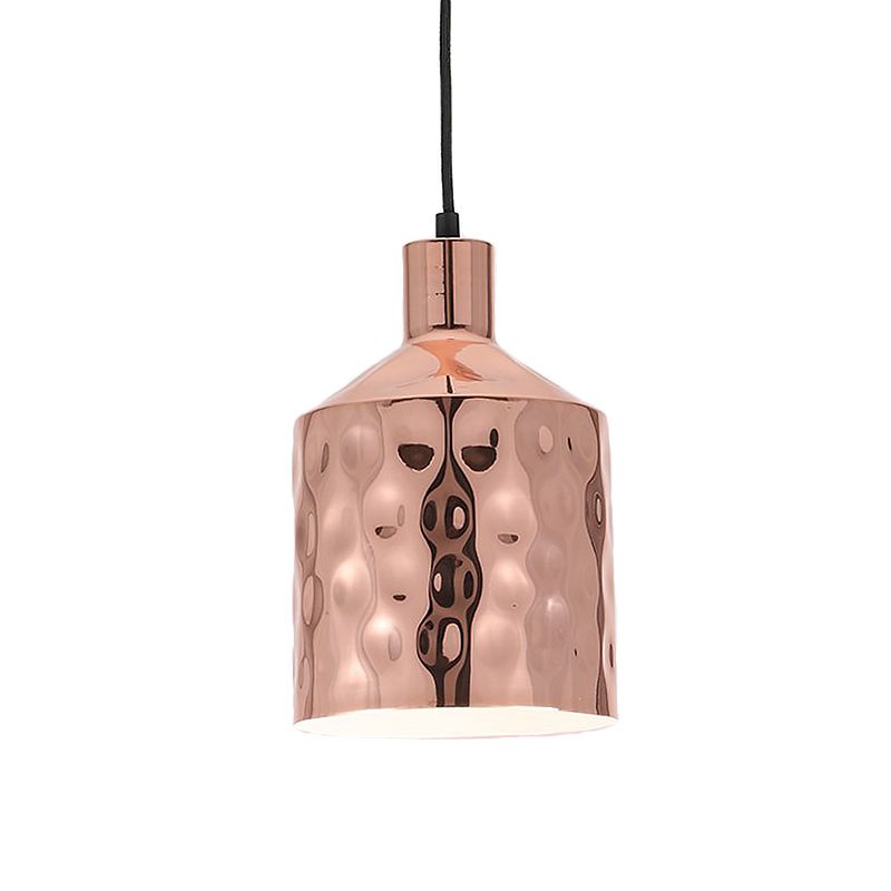 Mid Century Single Hanging Lamp Iron Rose Gold Dimpled Cylindrical Pendant Lighting Fixture