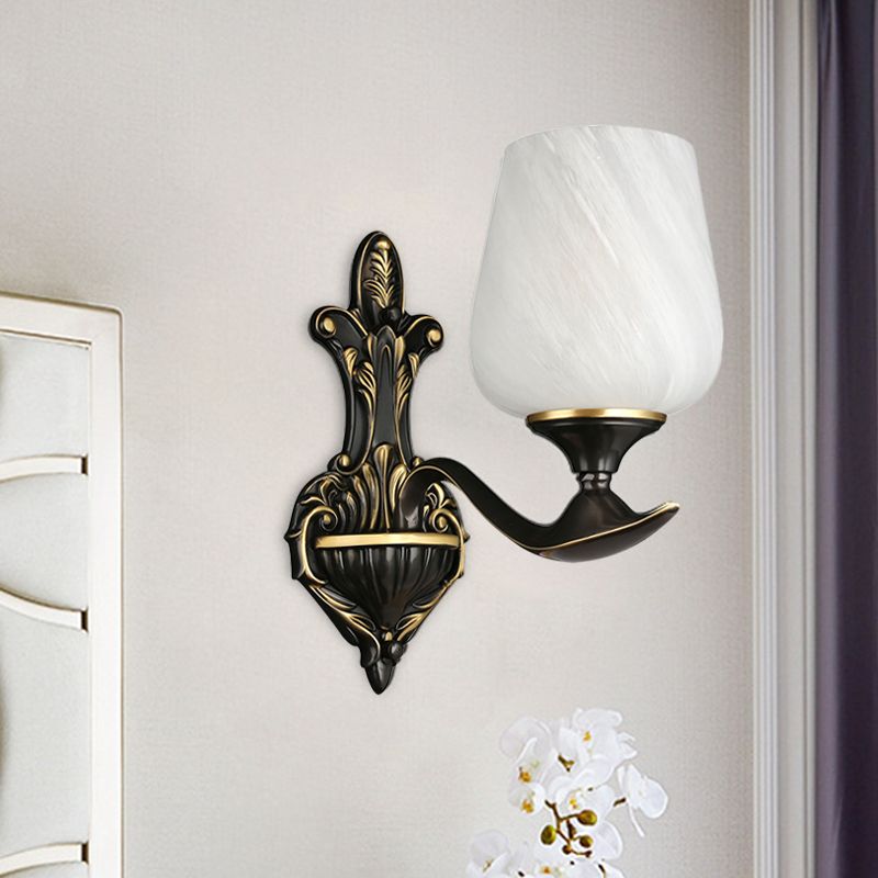 Milky Glass Cup-Like Wall Lamp Traditional 1/2-Light Bedside Wall Lighting Fixture in Black and Gold