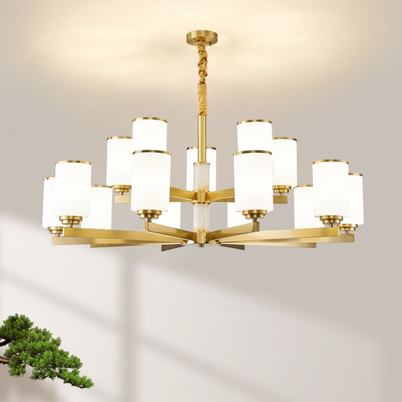 Modern Concise Pendant Light Metal Cylindrical Chandelier with Glass Shade