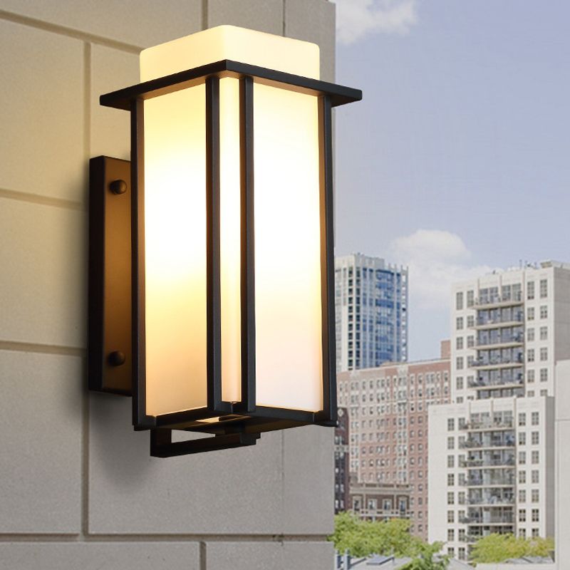 Black 1 Bulb Wall Mounted Lamp Vintage Frosted Glass Rectangle Wall Lighting Ideas with Metal Frame