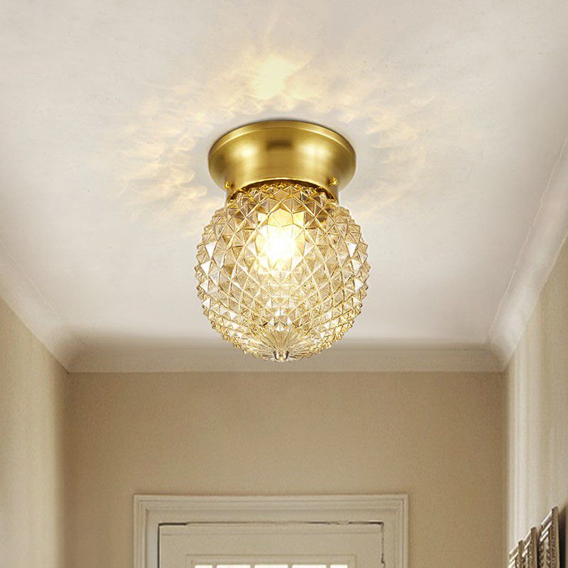 Clear Glass Pineapple Ceiling Fixture Minimalist 1 Head Brass Flush Mount Light for Corridor