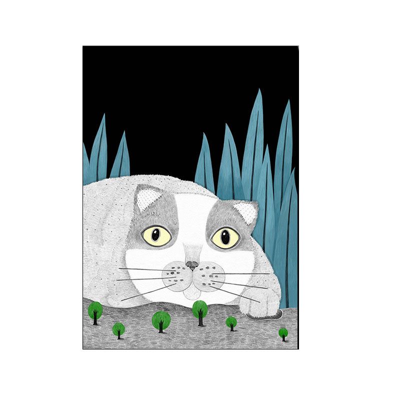 Cartoon Cat and Leave Wrapped Canvas Grey Nursery Wall Art Decor, Multiple Sizes