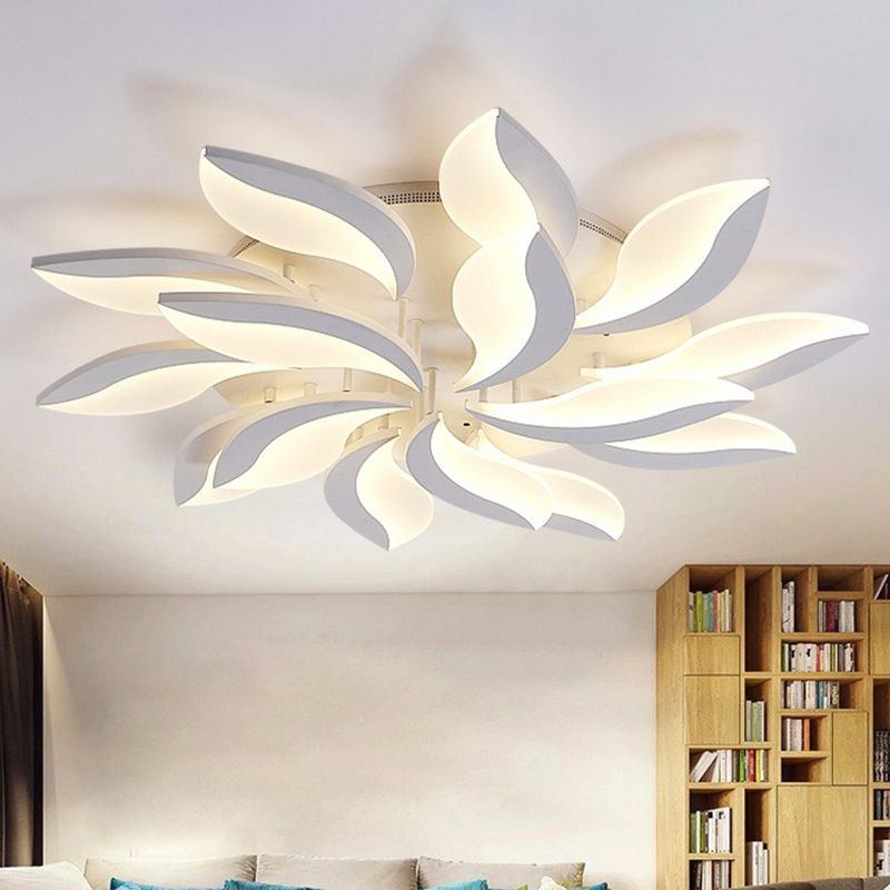 Simple Style Leaf LED Semi Flush Lighting Acrylic Living Room Ceiling Mounted Light Fixture in White