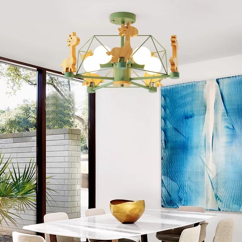 Draadframe semi -spoelmontage licht met giraf 5 koppen kinderen metalen plafondlamp voor kinderslaapkamer