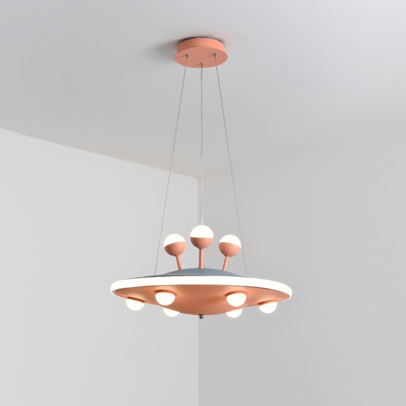 Cartoon UFO Ceiling Chandelier Metal LED Kids Bedroom Pendant Light with Round Canopy in Pink/Blue