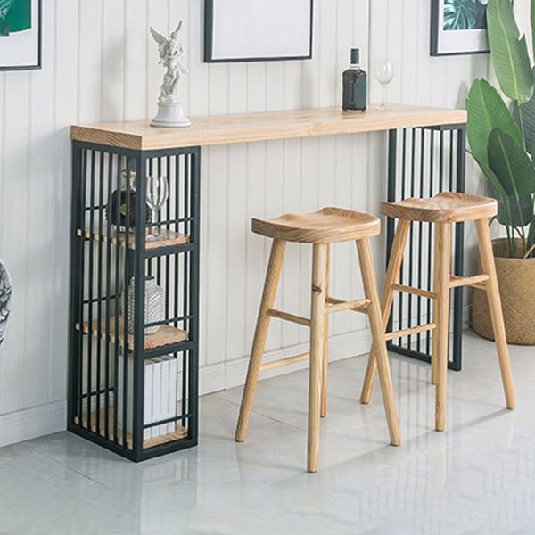 Wood Bar Height Table Metal Double Pedestal Bar Table with Storage