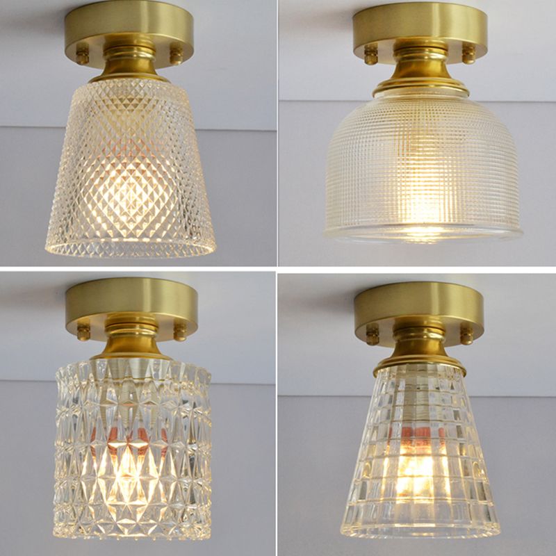 Brass Finish 1-Head Ceiling Mounted Light Minimalist Carved Glass Shaded Semi Flush Mount Lamp for Corridor