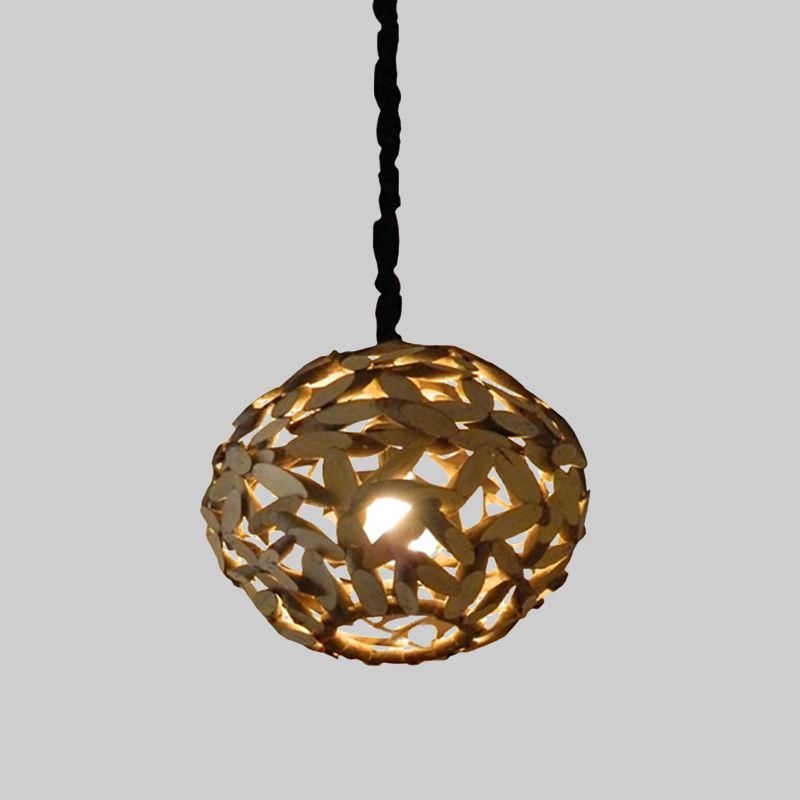Sphere Wood Pendant Lamp Japanese 1 Head Brown Hanging Light Fixture for Bedroom