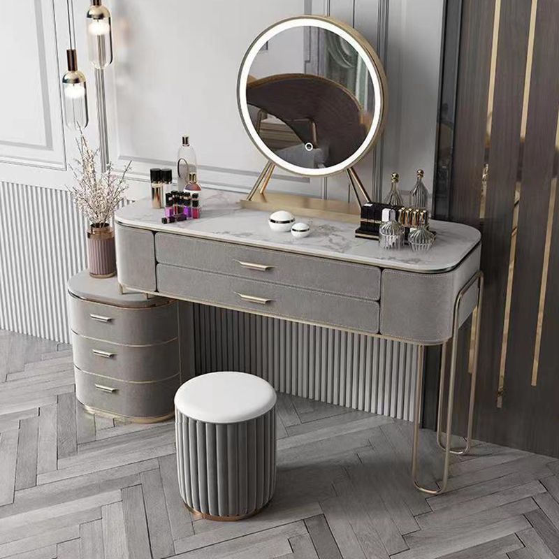 Gray Faux Leather Vanity 5 Drawers Vanity Set with Padded Stool