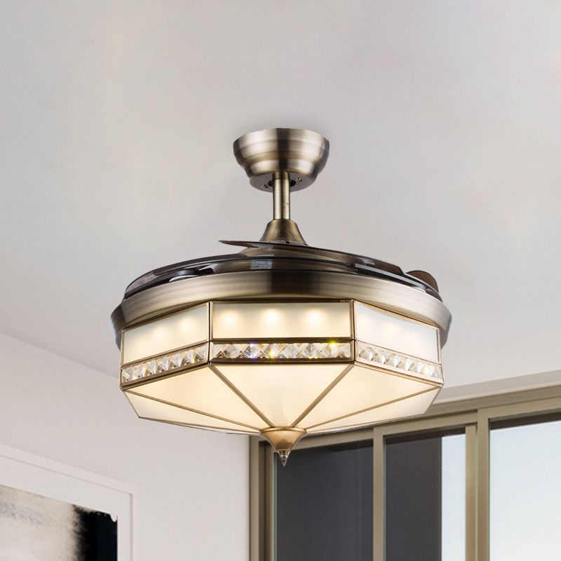 42,5 "breites Oktagon -LED -Deckenlüfter Vintage Bronze Kristall Halbflush -Montierung Leuchte mit 3 einziehbaren Klingen