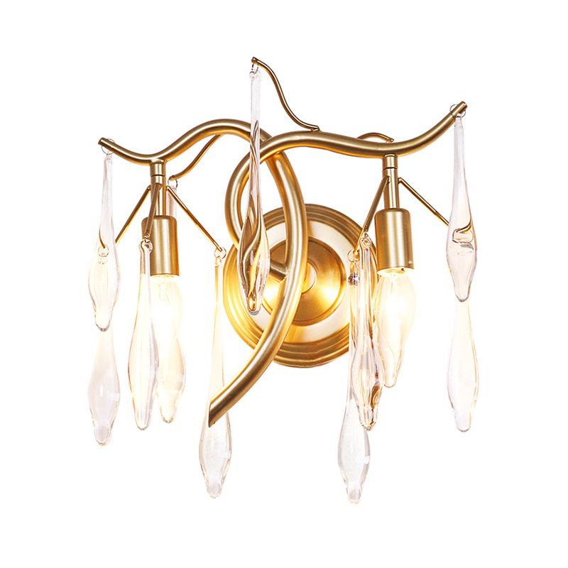 Retro 2 Heads Wall Lighting Ideas Gold Raindrop Wall Mount Light with Crystal Drop Shade
