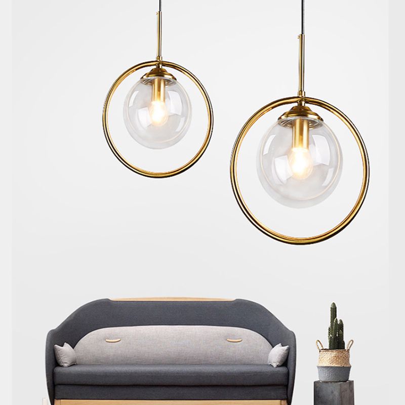 Globe Down Lighting Pendant Postmodern Clear/Amber/Smoke Grey Glass Single-Bulb Bedroom Suspension Light with Brass Ring