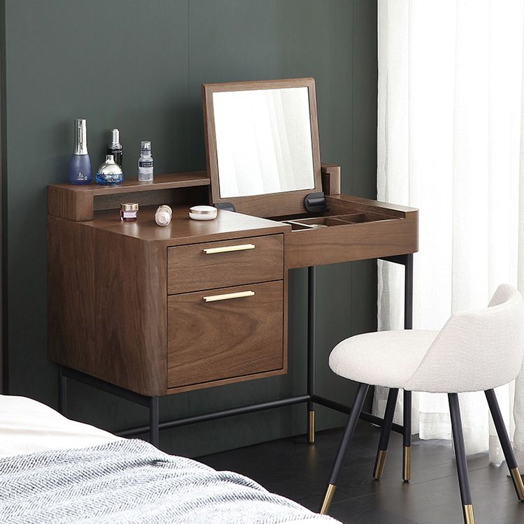 Modern Flip Single Wood Vanity with Padded Stool Lighted Mirror Vanity Desk