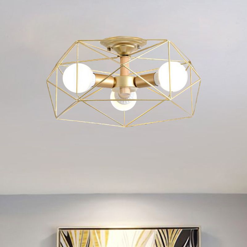 Geometric Opal Glass Semi Flush Industrial 3/4/5 Lights Bedroom Light Fixture in Gold