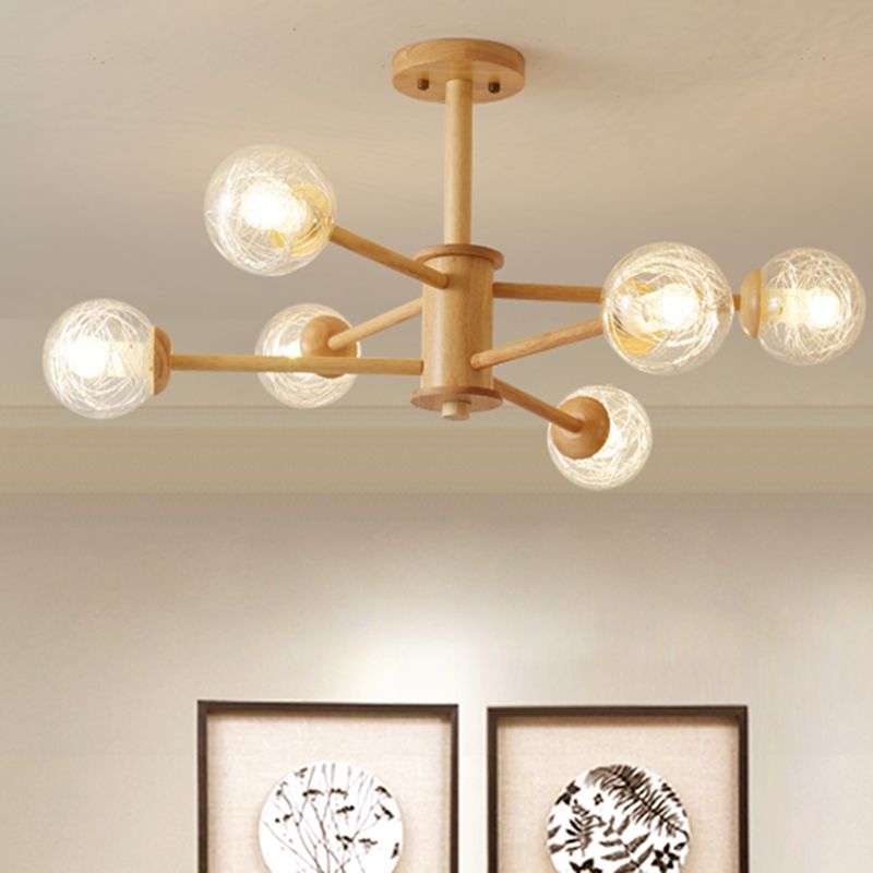 Creative Simple Style Wooden Chandelier Ceiling Hanging Light with Glass Shade