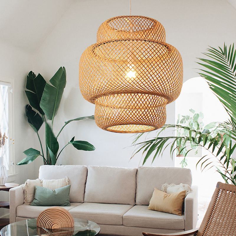 CRISS-CROSS LANTER LANTER PENDANT LANDE ASIAN BAMBOO 1 BULBE SOIX LUMIÈRE HAPPORT EN NOIR / BEIGE, 15 "/19.5" W