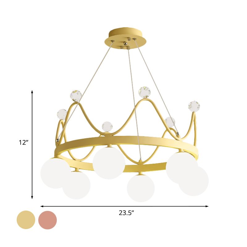 Crown Iron Chandelier Lighting Kid 6 Bollen roze/gouden hanglamp met orb -glazen schaduw en kristal eindelijk