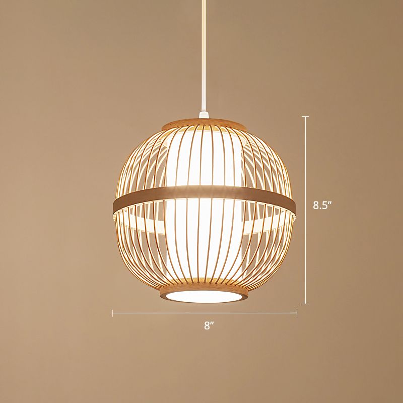 Lantern Tea Room Ceiling Light Bamboo 1 Bulb Asian Style Hanging Light Fixture in Wood