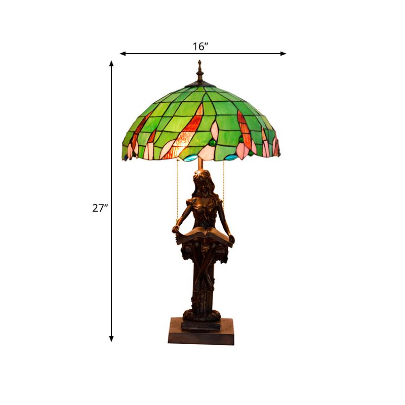 Mädchen Lesen Harz Ziehen Kettentisch Leichte Tiffany 2 Köpfe Kaffee Nachttisch Lampe mit Schüssel grüner Glasschatten
