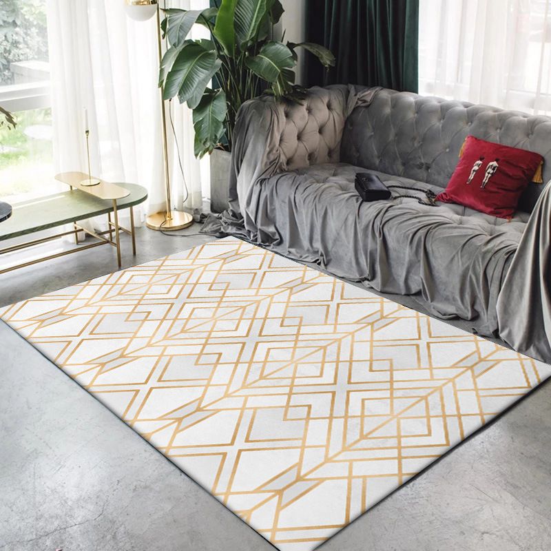 Modern Living Room Rug in White Geometric Square Print Rug Polyester Non-Slip Machine Washable Area Rug