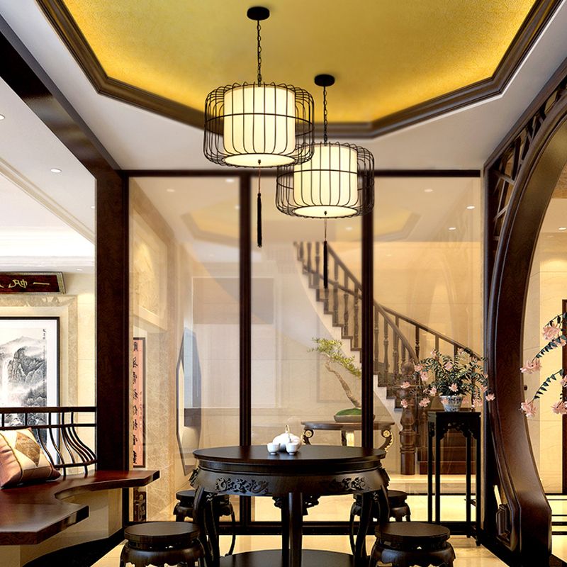 Tessuto da 16 "/19.5" Lanterna sospesa a sospensione nere 1 Luce tradizionale elegante illuminazione