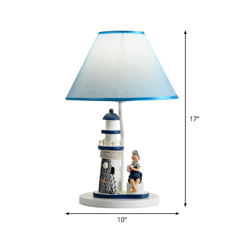 Barrel Shade Night Light Kids Stoff 1 Kopfblaue Tischlampe mit Cartoon Mädchen/Jungen und Leuchtturmdekoration