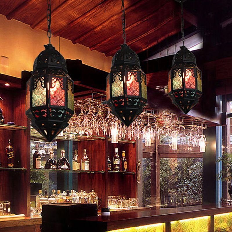 Moroccan Censer Ceiling Hanging Lantern 1-Light Stained Glass Down Lighting Pendant in Black