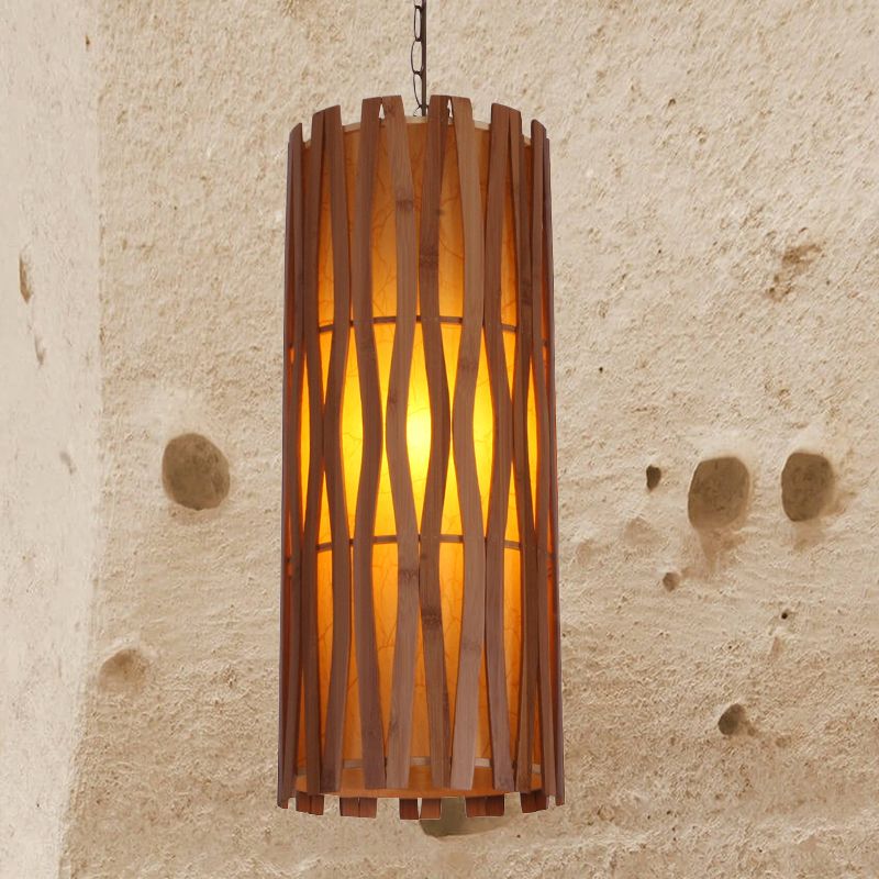 Asian Style Cylinder Ceiling Suspension Lamp Wooden Single Bulb Restaurant Hanging Light in Khaki